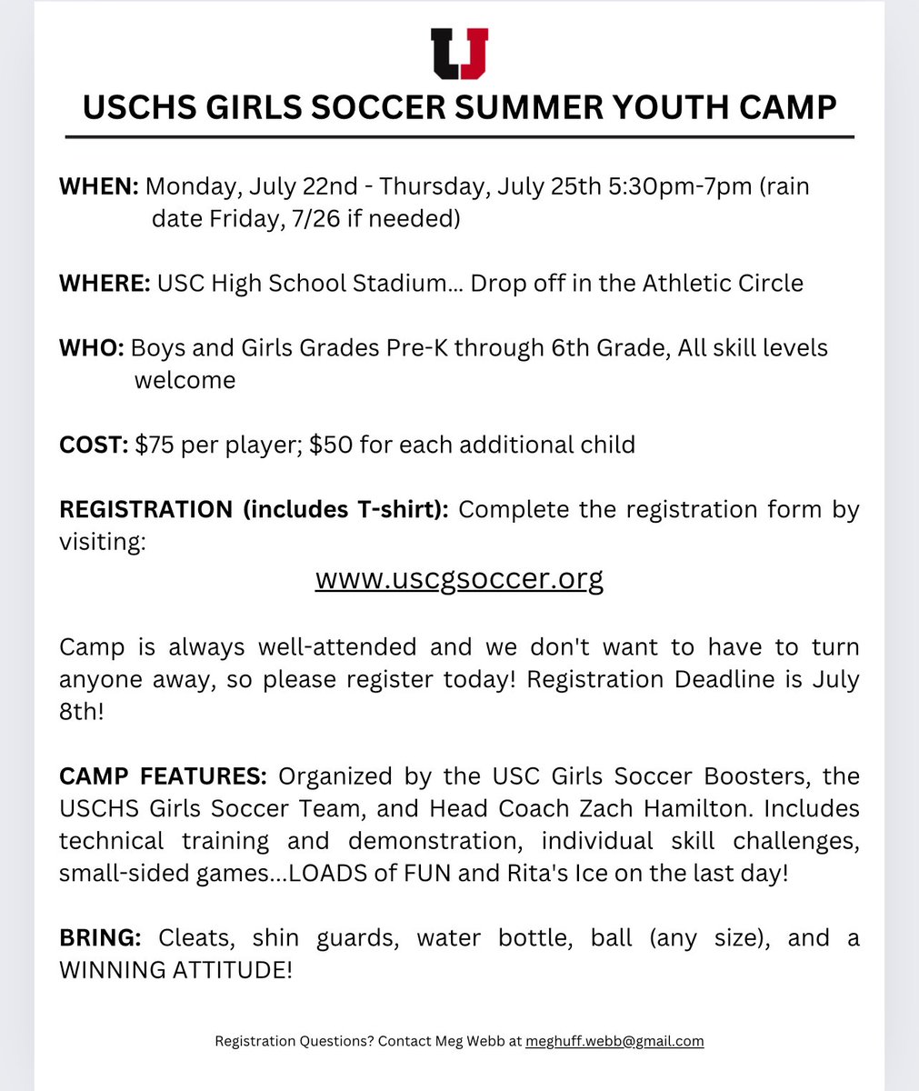 USCHSsoccer's tweet photo. ⚽️USCHS GIRLS SOCCER SUMMER YOUTH CAMP

🚨REGISTRATION IS OPEN

REGISTRATION (includes T-shirt): Complete the registration form and payment options here: 

https://t.co/XOlQbnlLXt

or by visiting https://t.co/WbMN2AFf6j

@USCSchools @USCAAsports https://t.co/xoIJYyAqBM