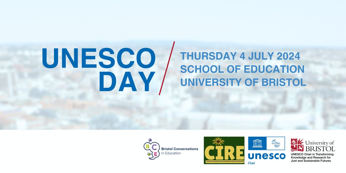Join us for UNESCO DAY on Thu 4th July at the School of Education: Launching the UNESCO Chair on Transforming Knowledge and Research for Just and Sustainable Futures <a href="/LeonTikly/">LeonTikly</a> <a href="/CIRE_bristol/">CIRE Bristol</a> 

Tickets on Eventbrite: buff.ly/3XcP85Z