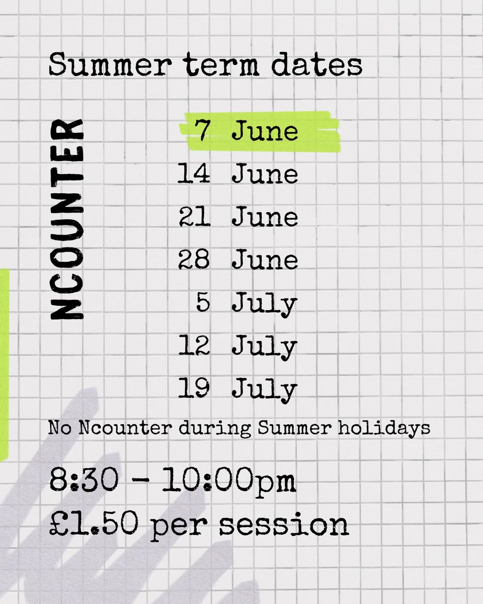 Ncounter is back TONIGHT! 

Ncounter is our Friday evening club for young people aged 11-18. These are the dates for this term. 

Join us for table tennis, pool, football, arts &amp; crafts and a chance to explore the Christian faith. 
8:30-10pm
£1.50 to attend (1st session is free)