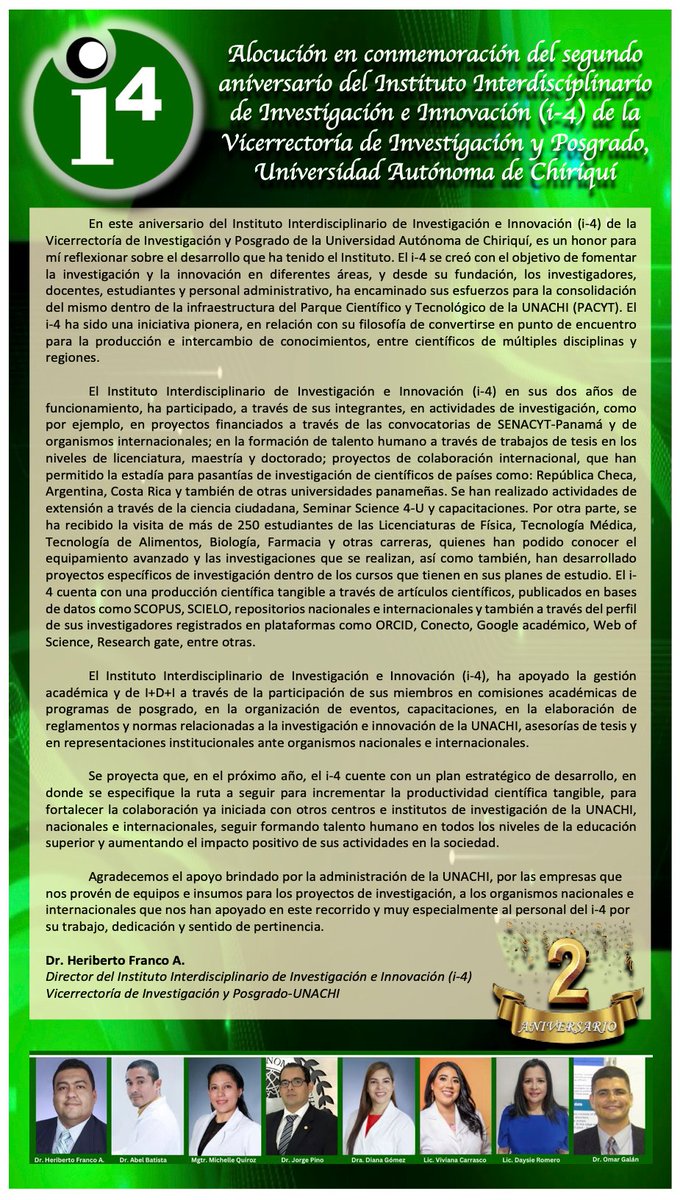 i4 (@i4unachi) on Twitter photo El Instituto Interdisciplinario de Investigación e Innovación en <a href="/UNACHIpanama/">UNACHI</a> cumple 2 años!
Gracias a todos los colaboradores internos y externos que han apoyado en la consolidación del i4.
<a href="/senacyt/">Senacyt Panamá</a> <a href="/SNI_Panama/">Sistema Nacional de Investigación de Panamá</a> <a href="/CienciaPTY/">Ciencia En Panamá #CienciaEnPanamá</a> <a href="/SGCSUCA/">CSUCA</a> El Instituto Interdisciplinario de Investigación e Innovación en <a href="/UNACHIpanama/">UNACHI</a> cumple 2 años!
Gracias a todos los colaboradores internos y externos que han apoyado en la consolidación del i4.
<a href="/senacyt/">Senacyt Panamá</a> <a href="/SNI_Panama/">Sistema Nacional de Investigación de Panamá</a> <a href="/CienciaPTY/">Ciencia En Panamá #CienciaEnPanamá</a> <a href="/SGCSUCA/">CSUCA</a>
