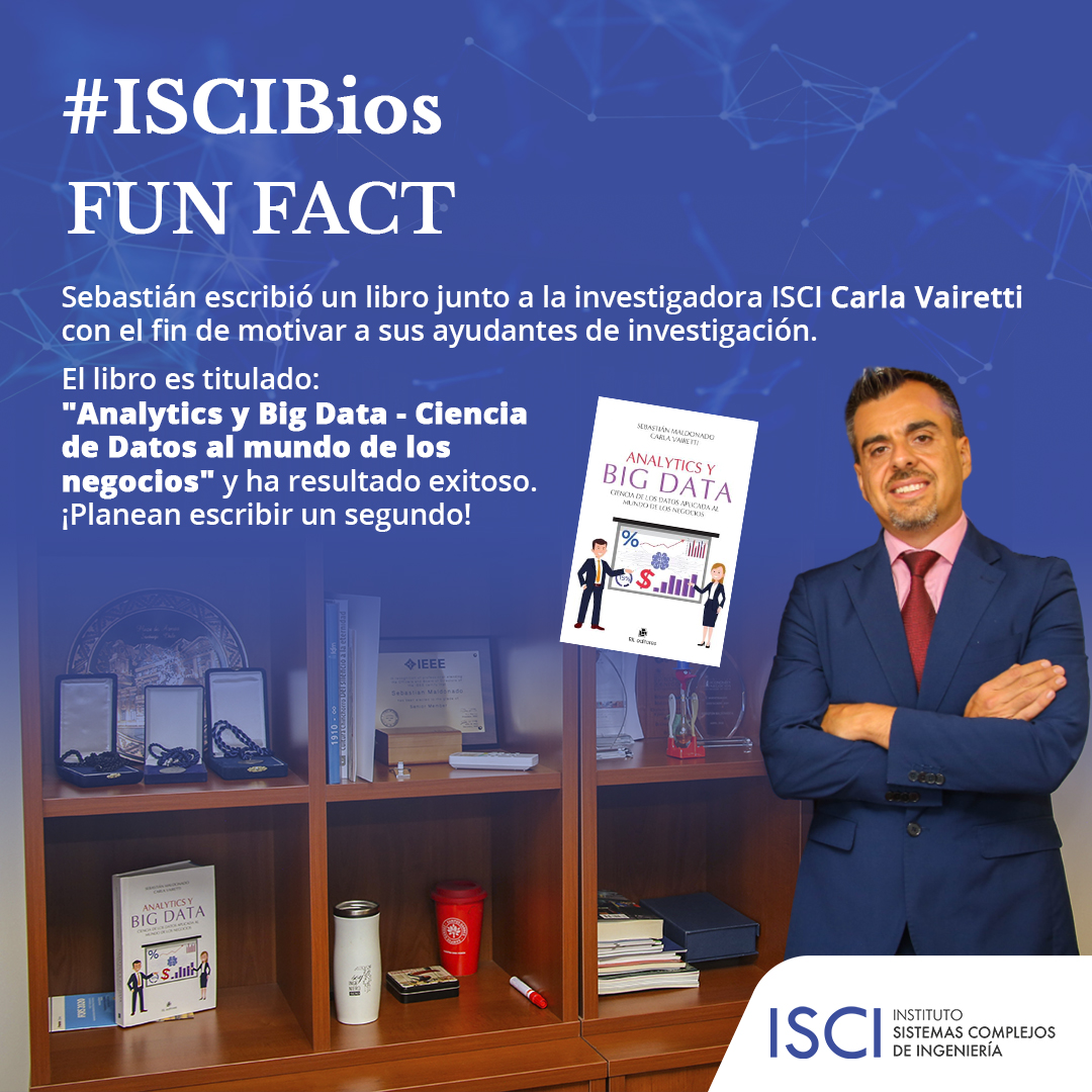 centroISCI's tweet photo. Conoce a Sebastián Maldonado, un destacado investigador de ISCI en #ISCIBios 🙌
Además de su labor académica, Sebastián es coautor del exitoso libro "Analytics y Big Data - Ciencia de Datos al mundo de los negocios", escrito con la investigadora ISCI @cvairetti 📖
Su dedicación y contribuciones a la ciencia de datos le han valido recientemente los premios al mejor investigador de la #FEN y al mejor docente de posgrado del departamento.
💡¿Sabías que el trabajo de Sebastián ha sido fundamental en la aplicación de ciencia de datos para transformar el mundo de los negocios? Descubre más sobre su trayectoria y proyectos en https://t.co/ouqRg4OYCr
#CentrosAnid #IngenieríaChile #ISCI #negocioschile
