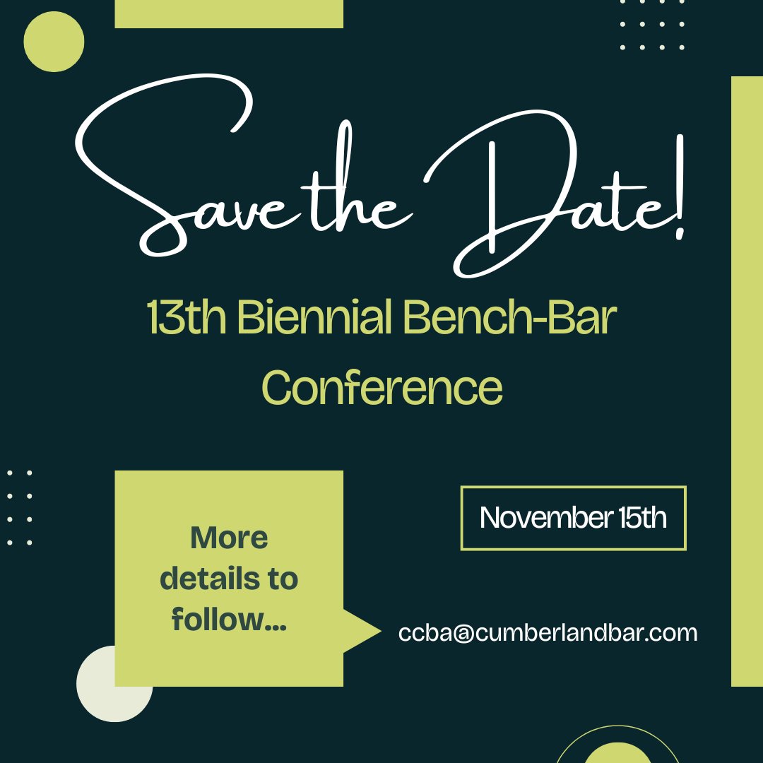 cumberlandcobar's tweet photo. 📅Mark your calendars for the 13th Biennial Bench-Bar Conference - 11/15/24 at @DickinsonLaw. The conference will feature multiple varied CLE programs, including the bench-bar dialogue. More details to follow. #benchbar #conference #cumberlandcountypa #attorney #SaveTheDate #cle https://t.co/5nLCJCmzhW