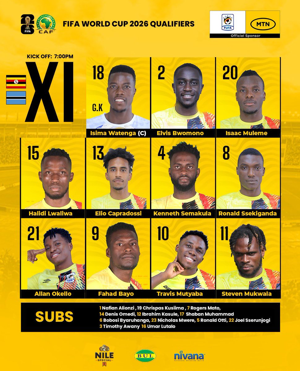 OfficialFUFA's tweet photo. .@UgandaCranes team to face Botswana today at Mandela National Stadium.

Isima Watenga captains the team 
Elio Capradossi earns his debut 
Fahad Bayo leads the attack.
#UGABOT
#FIFAWorldCup
#LetsExperience https://t.co/Hm8CZ2kIXk