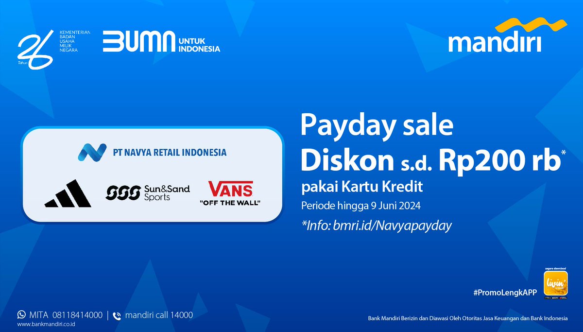 mandiricard's tweet photo. Special promo Mandiri Kartu Kredit untuk sneakers lover! π
Dapatkan diskon hingga Rp200 ribu untuk Adidas, Vans, atau Sun and Sand Sports dengan pembayaran Mandiri Kartu Kredit.
Info lebih lanjut di https://t.co/dXjLkGJFv4
#MandiriKartuKredit
#PromoLengkAPP
#BankMandiri https://t.co/7S73ZOIpgJ
