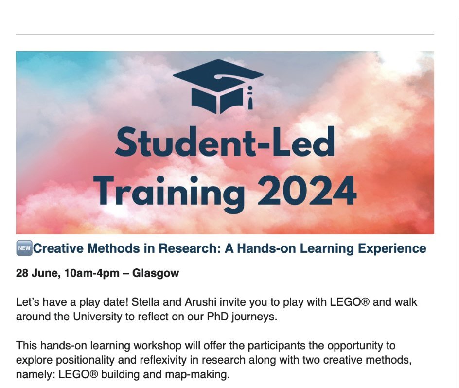 Arushi (@heyarushiii) on Twitter photo Let’s have a play date!🌻
<a href="/GkegkaStella/">Stella Gkegka</a> and I invite you to play with LEGO®️ and walk around <a href="/UniStrathclyde/">University of Strathclyde</a> to reflect on our PhD journeys. Join us for <a href="/SocSciScotland/">SGSSS</a> Student-Led Training on Creative Methods in Research on Friday, 28th June in Glasgow.
social.sgsss.ac.uk/event/creative… Let’s have a play date!🌻
<a href="/GkegkaStella/">Stella Gkegka</a> and I invite you to play with LEGO®️ and walk around <a href="/UniStrathclyde/">University of Strathclyde</a> to reflect on our PhD journeys. Join us for <a href="/SocSciScotland/">SGSSS</a> Student-Led Training on Creative Methods in Research on Friday, 28th June in Glasgow.
social.sgsss.ac.uk/event/creative…
