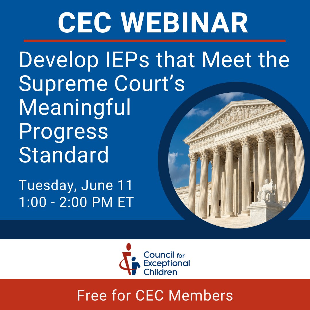 Join us on June 11 for an exciting webinar on IEP development that meets legal standards. This webinar aims to teach a four-step method for developing measurable, ambitious, and legally sound IEP goals that will help students progress. 

Register today: exceptionalchildren.org/events/cec-web…