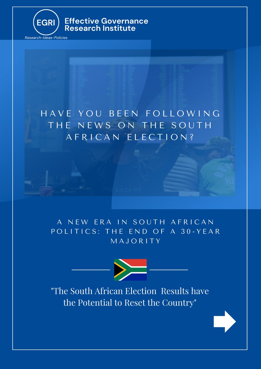 EffectiveGover3's tweet photo. A New Era in South African Politics: The End of 30-Year Majority

#southafrican #SouthAfricaElections #DemocracyInAction #PoliticalChange #EGRI #Governance #Accountability #Representation #Election2024 #SouthAfrica https://t.co/qVG7ffURCI