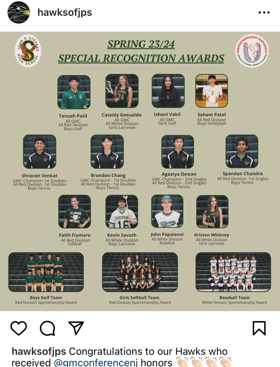 ⁦<a href="/JPS_Athletics/">JPS ATHLETICS</a>⁩ ⁦Hawks who have earned GMConferenceNJ⁩ honors! 👏🏻👏🏻👏🏻👏🏻