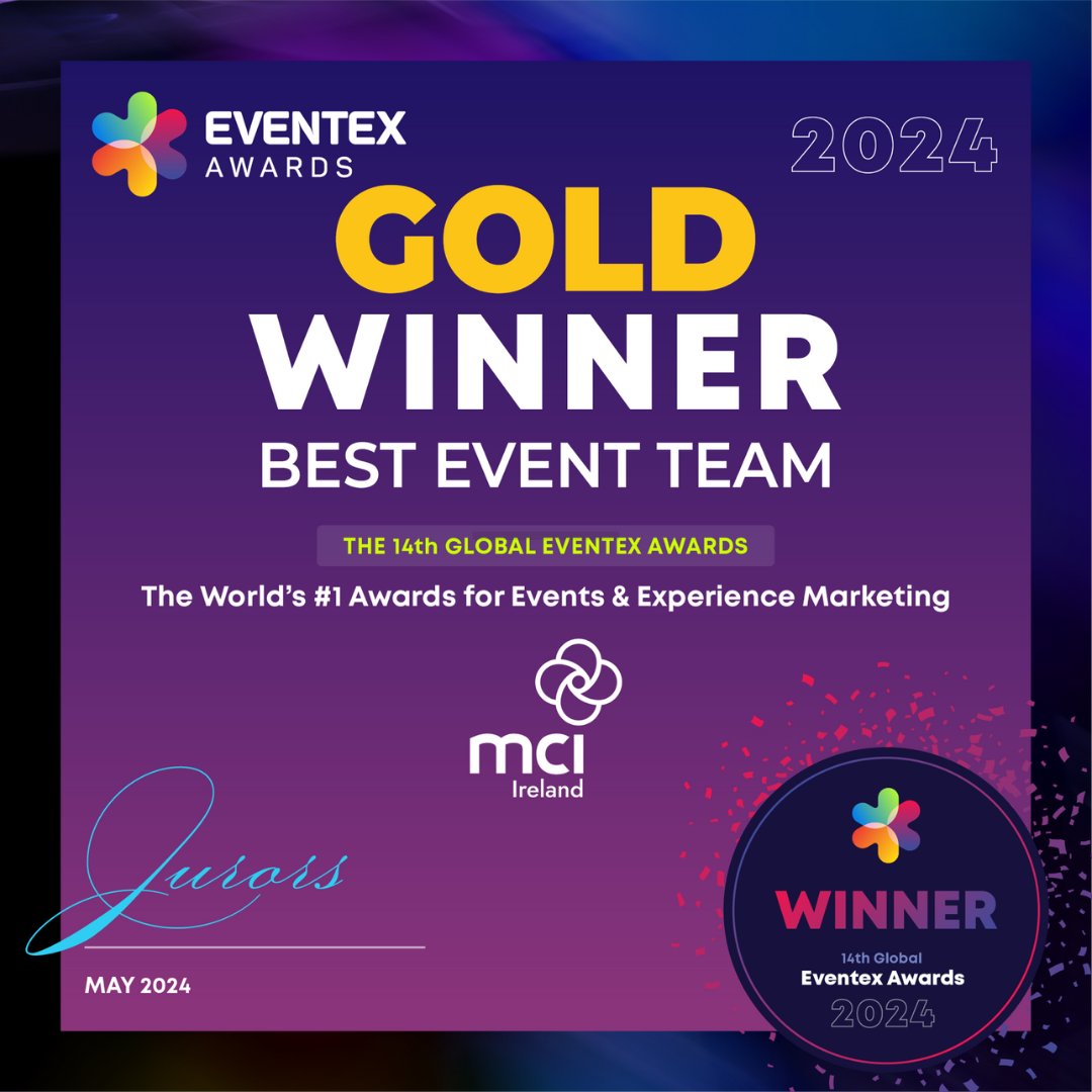 WeAreMCI's tweet photo. 🏆 Great news!  🥇MARKETING-INTERACTIVE awarded MCI Singapore with the Gold Event Marketing Agency of the Year Award.  🤩 MCI Ireland once again won Gold in Best Global team at the 14th Eventex Awards. Congratulations!
#AOTYAwards #EventexAwards #WeAreMCI https://t.co/o0FQPFZmhB