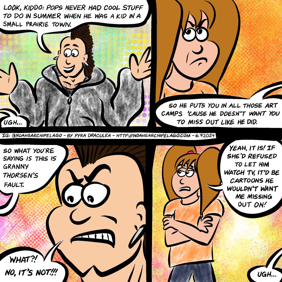 KingNoahthe1st's tweet photo. Today’s #comic, in which Adam accidentally throws Granny Thorsen under the bus when trying to explain Noah’s obsession with summer activities for Ursula.

#canadianartist #comicseries #webcomic #comics #comicstrip #cartoon #brattykids #summerplans #daycamps #kidsister #bigbro https://t.co/XLNzZ1t4NG