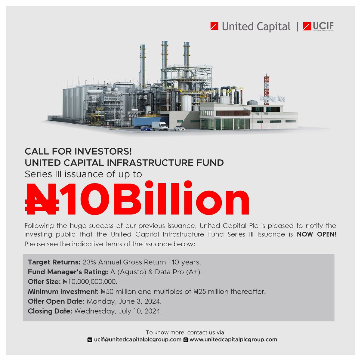 UnitedCap's tweet image. Now Open!!!

The Series III offer for the United Capital Infrastructure Fund (UCIF) is now available for subscription.
To learn more, contact ucif@unitedcapitalplcgroup.com 

#UnitedCapital #UCIF #Infrastructurefund #Investments