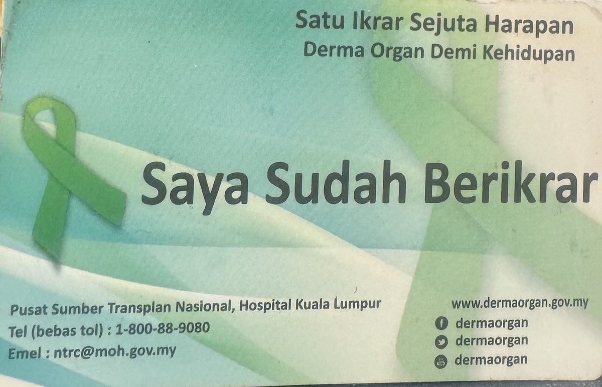 Salam
Organ transplant is treatment of choice for end-stage renal failure. Organ sukar utk dapat

Saya tlh berikrar derma organ jika kematian
Lazim keluarga 'penghalang' utama

Sbgai YMBK kali ke-2, saya sdng pertimbang utk mulakan Kempen 'Warisku hormati lkrarku'

Kalian setuju?