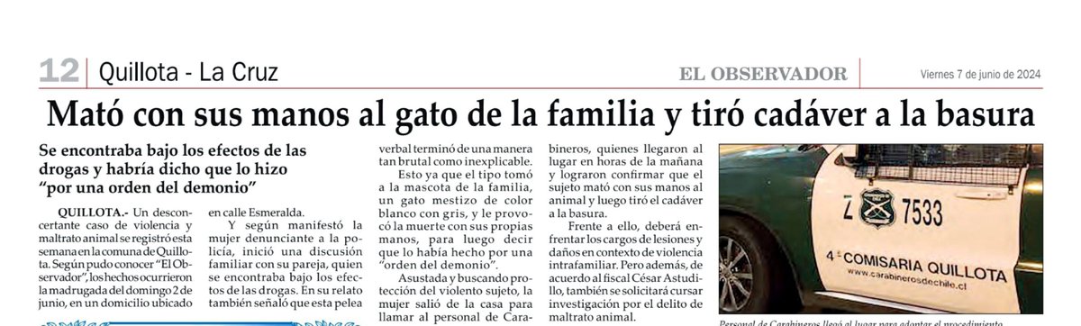 RodrigoDunstan's tweet photo. Hoy una nota de la página 12 de la prensa local @eo_enlinea

Macabro atentado contra la vida de un indefenso #Michi, quien fuera arrebatada su existencia por quien fuera parte de su familia. #JusticiaparaelGatito. 
#leycholito #Quillota #Comparte https://t.co/tUirScczcy