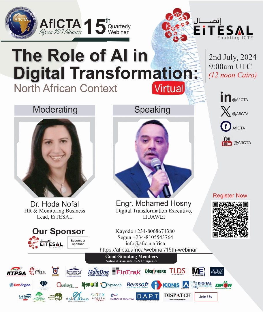 AfICTA's tweet photo. Registrations now open...

Don't miss out on the opportunity to participate in the 15th AfICTA Quarterly eConference which focuses on The Role of AI in Digital Transformation: North African Concept"scheduled for Tuesday, July 2nd, 2024, at 9:00 am UTC. 1/2... https://t.co/MihQkCKfHp