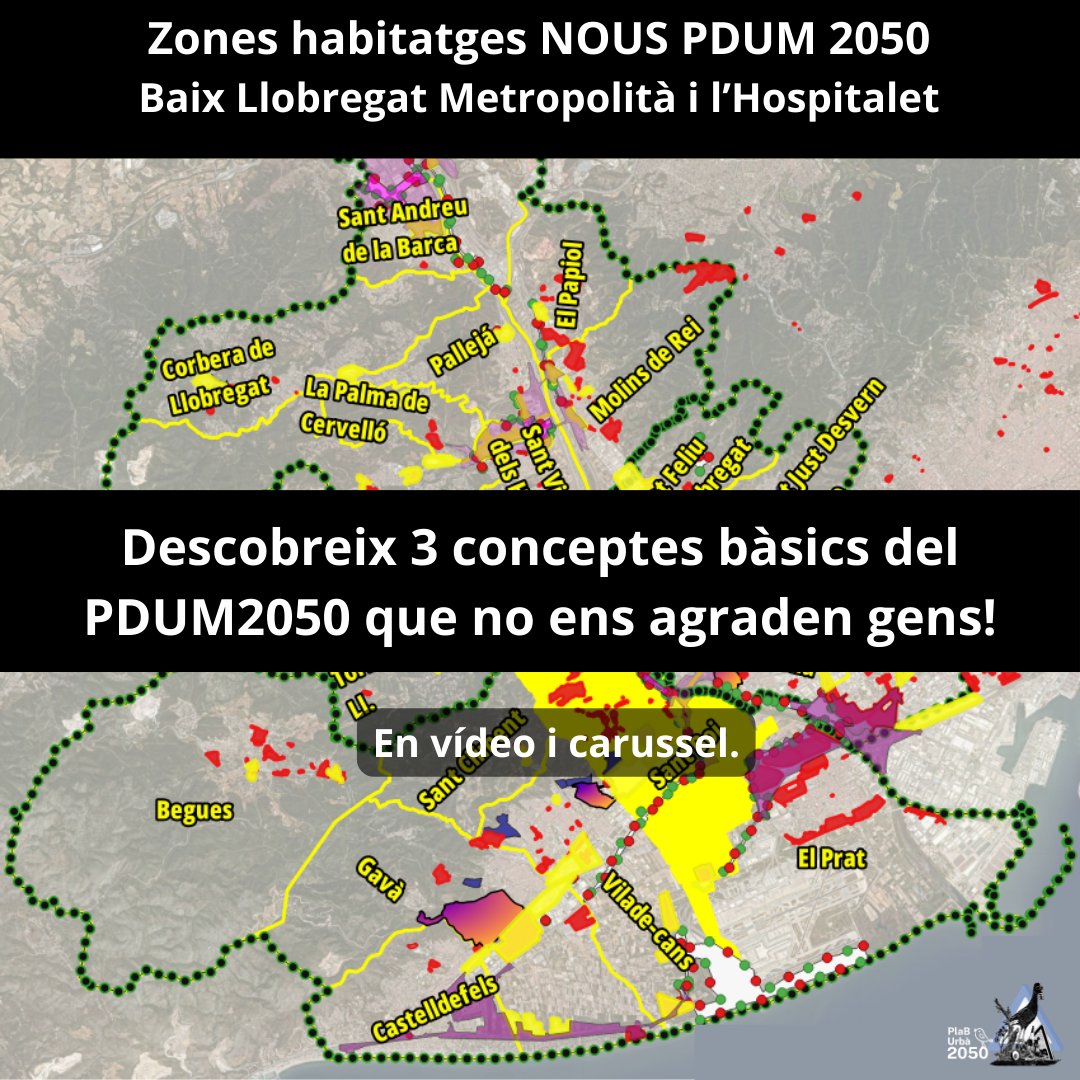 PlaBUrba2050's tweet photo. ❗Descobreix 3 conceptes bàsics del PDUM2050, que planifica com i on construir 128.473 habitatges al Baix Llobregat.
🌍 🏠 Hem d’entendre com ens treuen encara més la poca capacitat de #participació per decidir com #respirar el 2050.
#STOP50ºC #ProuCiment #Niunpamdeterra https://t.co/GB4s8p0Z17
