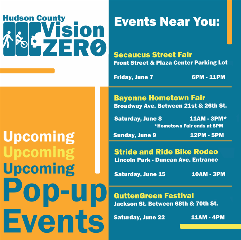 HudCoPlanning's tweet photo. You won't want to miss this! Find our table at these great events. We want to hear from you about making our streets safe for everyone #visionzero #safestreets 
@HudCoTweet  @CityofBayonne  @HudsonTMA  @guttenbergarts https://t.co/QADIcbxvnz
