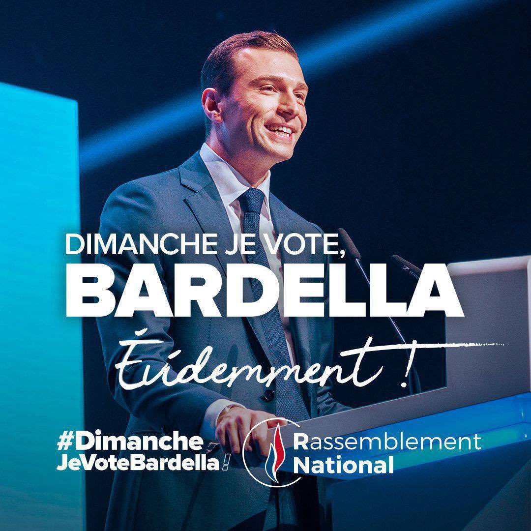 david_rachline's tweet photo. 🗳️ Dimanche, mon choix sera clair : un seul tour, un seul vote, ce sera @J_Bardella !

Il compte sur nous, je compte sur vous 😉

#DimancheJeVoteBardella 🇫🇷 https://t.co/yLn09X1N3X