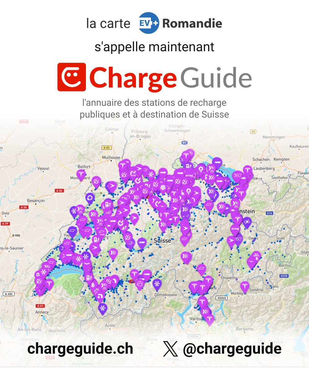 La carte EV Romandie change de nom! Suivez <a href="/chargeguide/">ChargeGuide🇨🇭</a> pour l'actualité sur les stations de recharge suisses en anglais. Ce compte continuera à publier les information en français