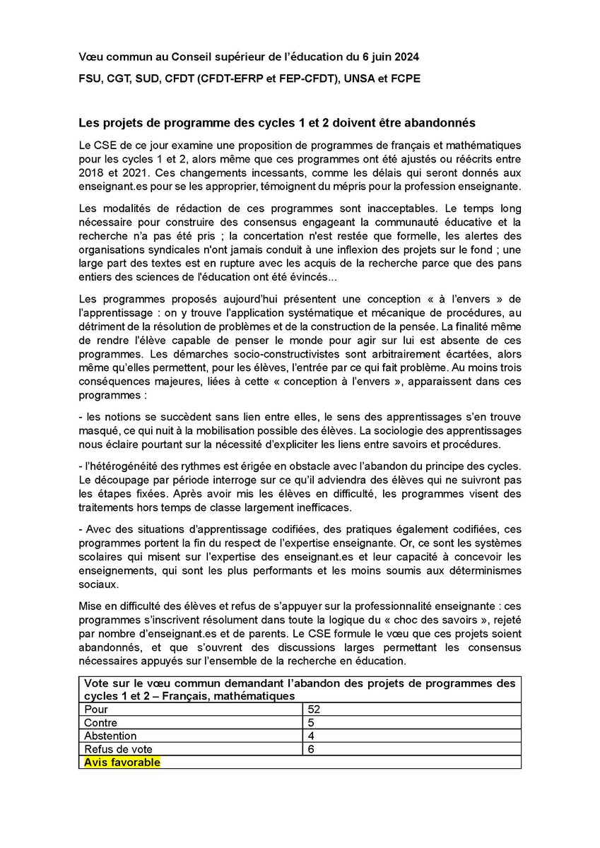 FCPE_nationale's tweet photo. Les  projets de programme des cycles 1 et 2 doivent être abandonnés ! Vœu commun présenté au #CSE du 6 juin 2024 par la FSU, la CGT, SUD, CFDT (CFDT-EFRP et FEP-CFDT), UNSA et la #FCPE. https://t.co/KPtg0YD2pC