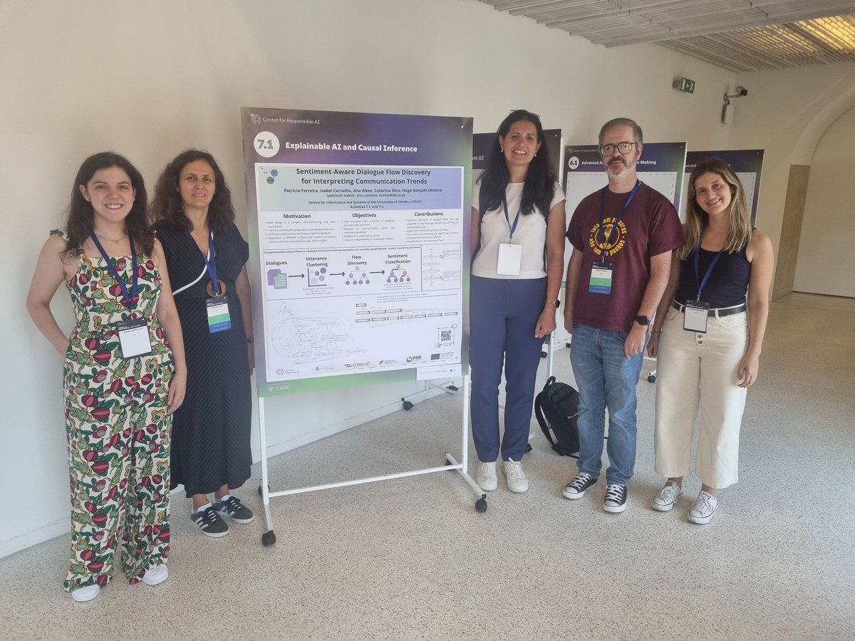 Center for Responsible AI Demo Day @ Coimbra with <a href="/tixapereira9/">Tixa Pereira 🦋</a>, <a href="/IsabelC70956810/">Isabel Carvalho</a>, <a href="/AnaAlve17997171/">Ana Alves</a>, <a href="/chbranco1/">Catarina Silva</a> #CRAI #NextGenAI #ResponsibleAI #CISUC #SentimentAwareDialogueFlows