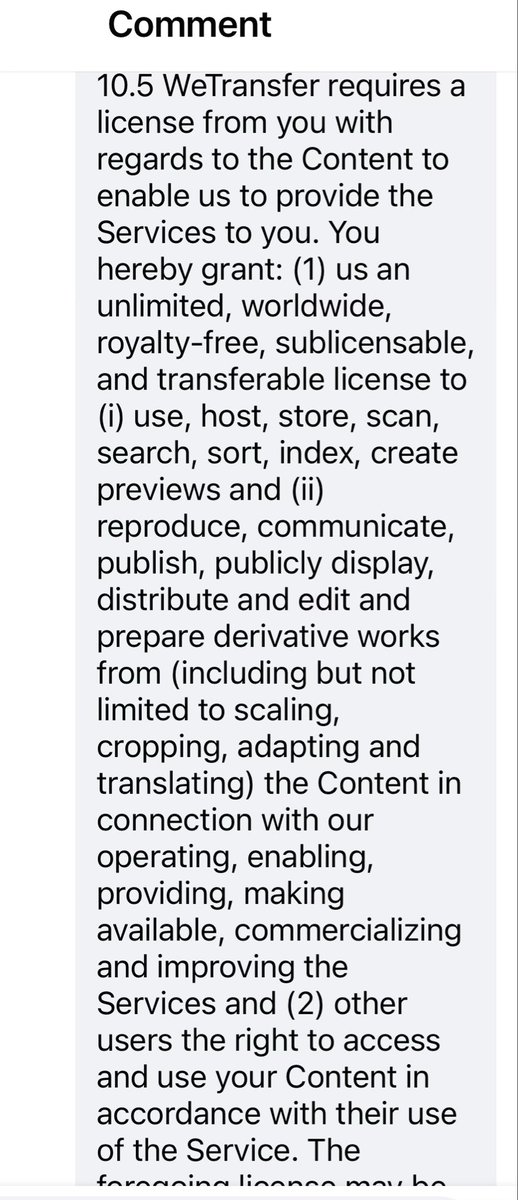 echobass's tweet photo. Hey @wetransfer. Am I reading this wrong? I send score &amp; movie files to dir/editor. IP owned by studios &amp; under NDA, you can’t view or reproduce them but new terms suggest you think you can? insane. 
@PRSforMusic @ParamountMovies @wbpictures @SonyPictures @BMG https://t.co/LrS9KYlkdj