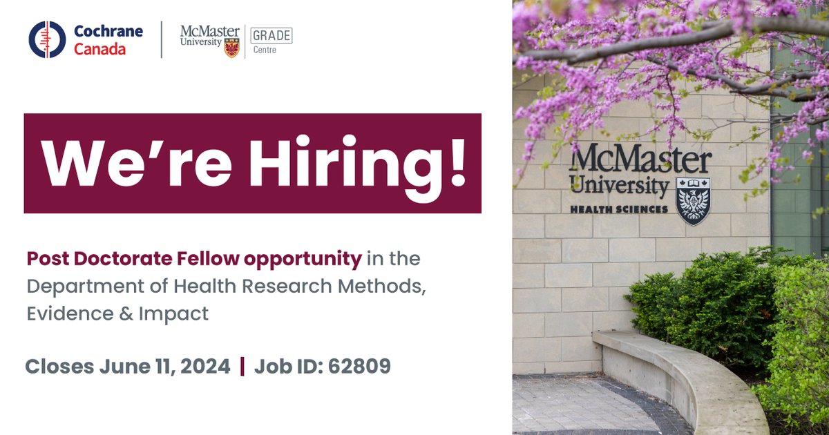 We're hiring! Applications are invited for a Post Doctorate Fellow opportunity with Cochrane Canada and the McMaster GRADE Centre at McMaster University.

Visit the job posting to learn more: careers.mcmaster.ca/psp/prcsprd/EM…

Job ID: 62809. Applications close June 11, 2024.