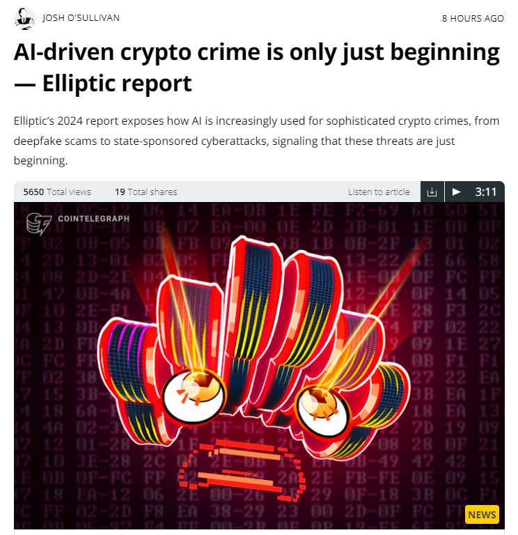 voltiusai's tweet photo. AI-driven crypto crime is on the rise, as highlighted by Elliptic's 2024 report. 🚨

At Voltius, we recognize the dual challenges AI brings and are gearing up for a long battle to reinvent smart contract security. Our advanced AI defenses and federated learning approach aim to stay ahead of these evolving threats.

Together, we can secure the future of blockchain.🔒

Shoutout to Josh O'Sullivan @ @Cointelegraph for the article. 🤝
