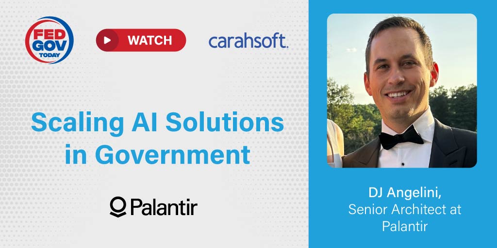 Carahsoft's tweet photo. Experiencing compliance and infrastructure roadblocks to scaling #AI in #government? Watch @PalantirTech Senior Architect @djangelini23 discuss solutions with @FedGovToday host @FRoseDC at #AIforGov: https://t.co/GwYEwnUWSF https://t.co/iKNvyoSTg5