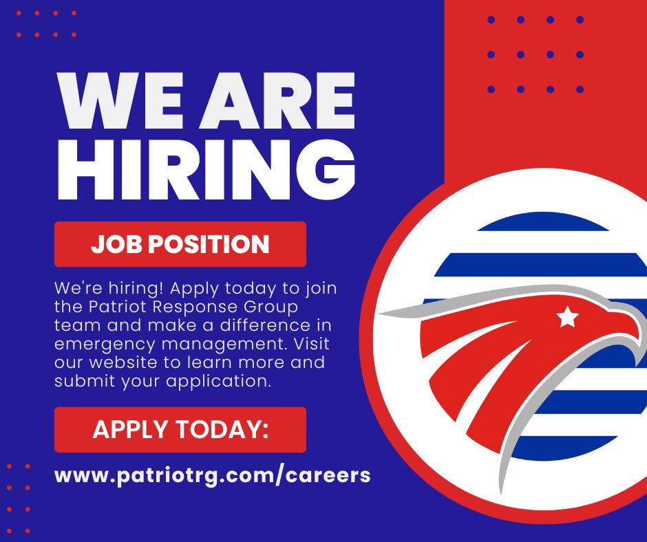PatriotRG's tweet photo. Exciting opportunities await at Patriot Response Group! We're hiring passionate individuals to join our dynamic team in emergency management. If you're ready to make a difference and grow your career, apply today! Visit our website to explore positions and submit an application. https://t.co/k58RDM5uB0