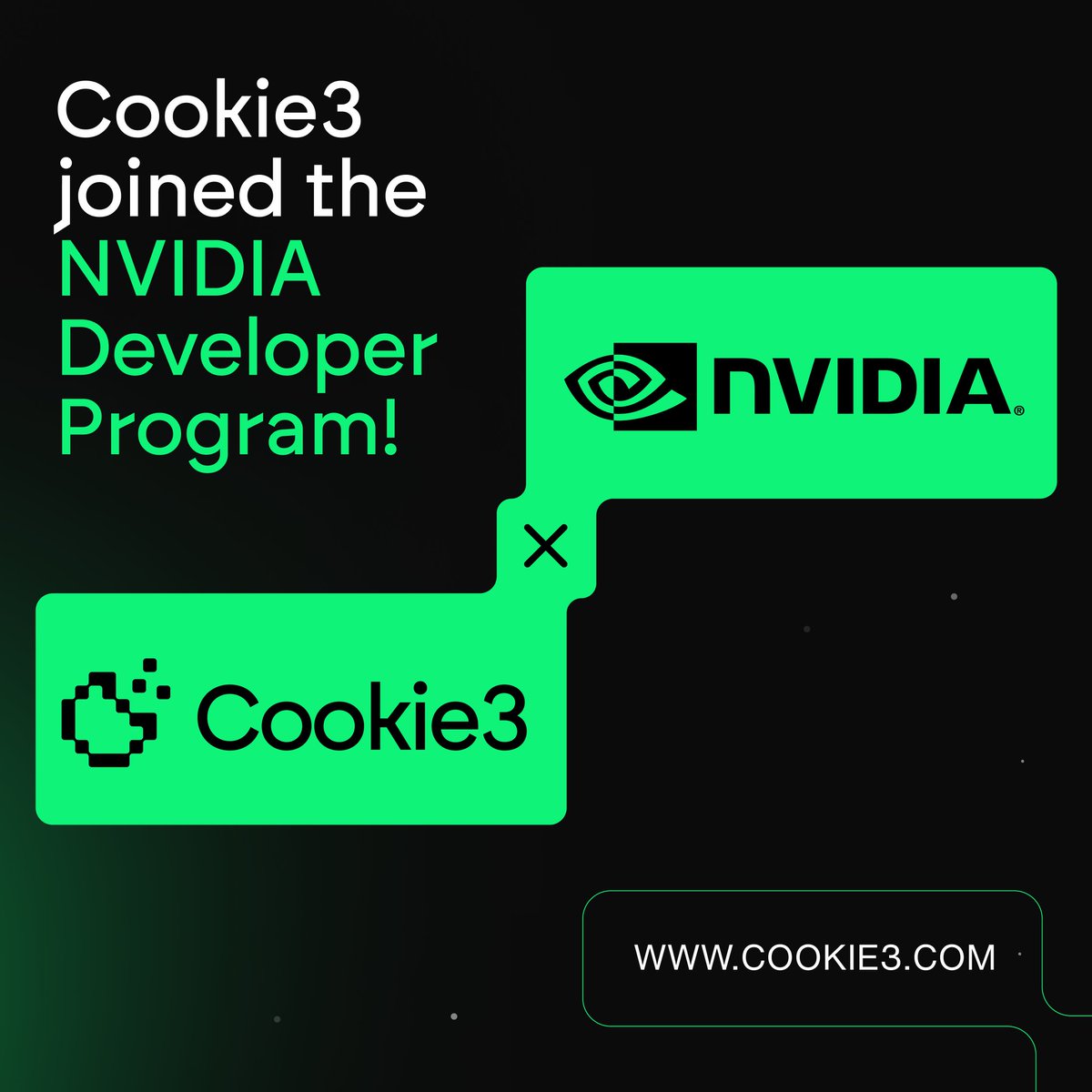 We just scored a major win! 💪💻

Cookie3 is now part of @NVIDIA’s Developer Program. 

This program unlocks access to cutting-edge tech and resources, which will help supercharge the development of our AI solutions.

Are you ready for AI breakthroughs in #MarketingFi? 👀