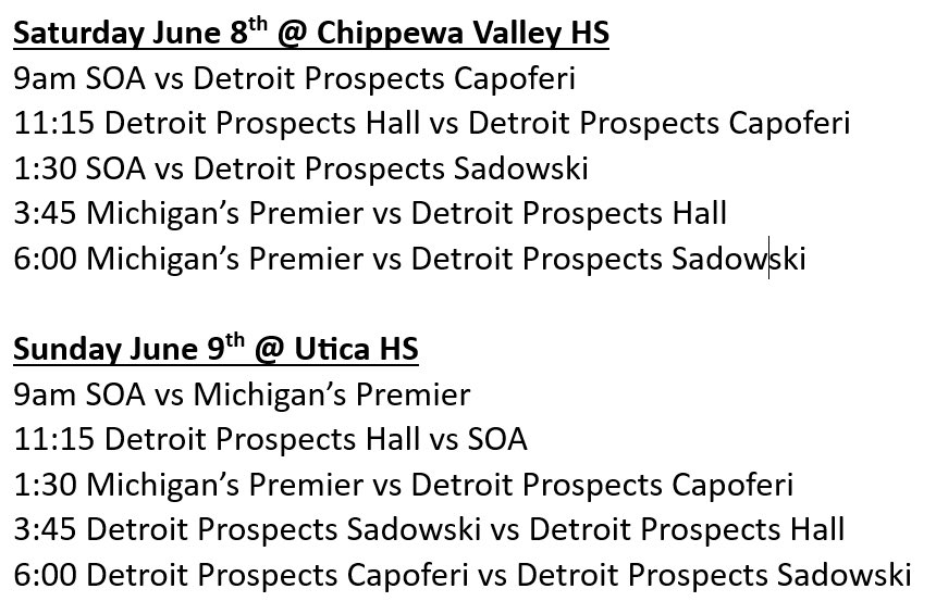 Mike Rice (@mikerice02) on Twitter photo The Detroit Prospects are hosting a pre-season 16u-18u “ramp up” little tourney this weekend at Chippewa Valley HS & Utica HS. <a href="/ProspectsRice/">Detroit Prospects</a> <a href="/ProspectsCapo/">Detroit Prospects- Capoferi 18U</a> <a href="/ProspectsHall/">Detroit Prospects Hall</a> <a href="/GreggSadowski/">Gregg Sadowski</a> <a href="/CoachJsimonis/">Joshua Simonis</a> <a href="/SOABaseball1/">South Oakland A’s Baseball</a> - Here’s the schedule 👇 The Detroit Prospects are hosting a pre-season 16u-18u “ramp up” little tourney this weekend at Chippewa Valley HS & Utica HS. <a href="/ProspectsRice/">Detroit Prospects</a> <a href="/ProspectsCapo/">Detroit Prospects- Capoferi 18U</a> <a href="/ProspectsHall/">Detroit Prospects Hall</a> <a href="/GreggSadowski/">Gregg Sadowski</a> <a href="/CoachJsimonis/">Joshua Simonis</a> <a href="/SOABaseball1/">South Oakland A’s Baseball</a> - Here’s the schedule 👇