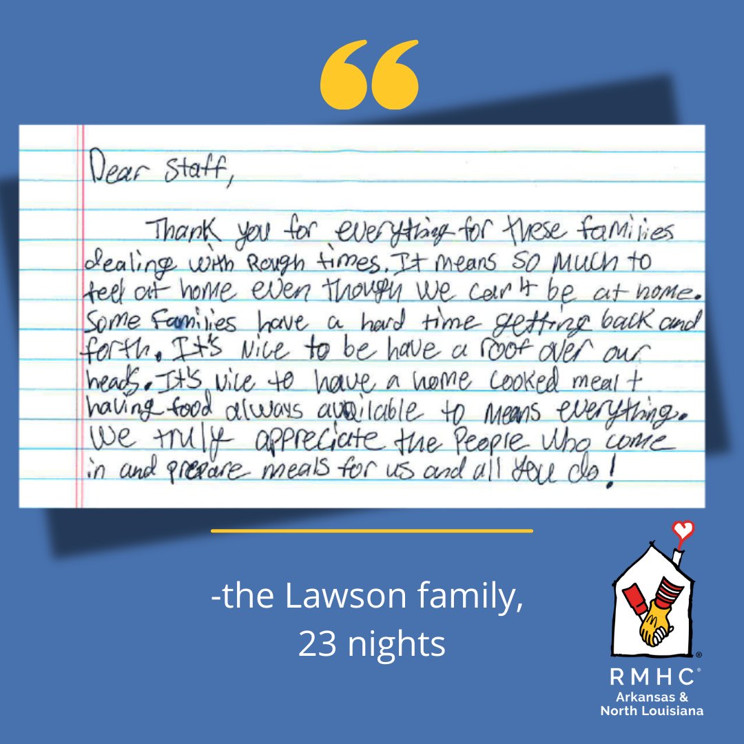 We love hearing stories from families. 💙 Our donors and volunteers make all of this possible.

If you'd like to make a meal for families, visit rmhcar-nla.org and sign up for Meals from the Heart.

#KeepingFamiliesClose #FamilyFriday