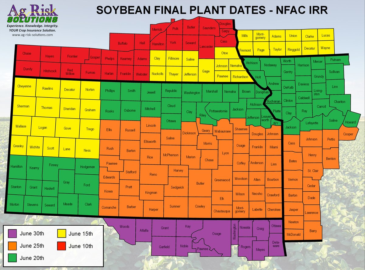 AgRiskSolutions's tweet photo. Final Plant Dates for soybeans throughout our territory. If you do not have all your beans planted by this date, contact your agent to discuss options.

NFAC = Not Following a Crop (1st crop)
FAC = Following a Crop (after wheat) https://t.co/FE3GqtmxeQ