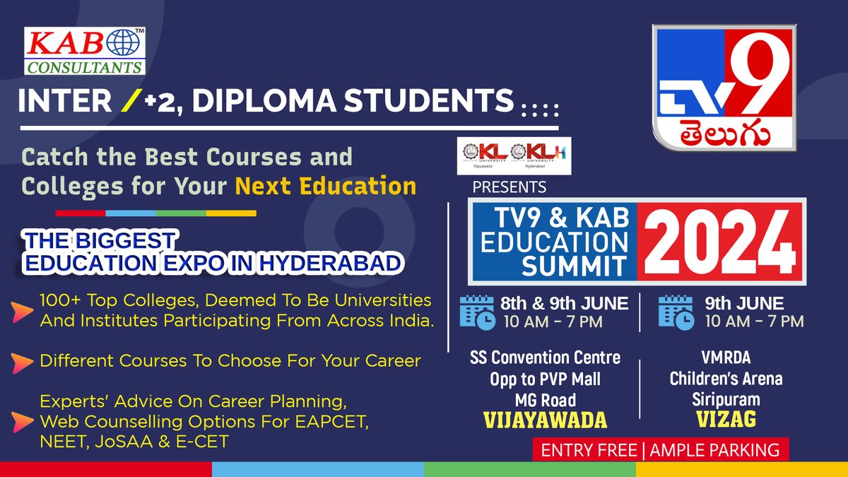 TV9Telugu's tweet photo. TV9 & KAB Education Summit 2024 In Vizag, Vijayawada on June 8th, 9th.   
#TV9 #INTERMEDIATE #INTERSTUDENTS #INTERBOARD #TV9EducationSummit #Vijayawada #Vizag #Andhrapradesh #Guntur #mangalagiri #VizagCollege #andhrastudent #AndhraNews #Andhraupdate #Educationexpo #Student #Exam…
Show more