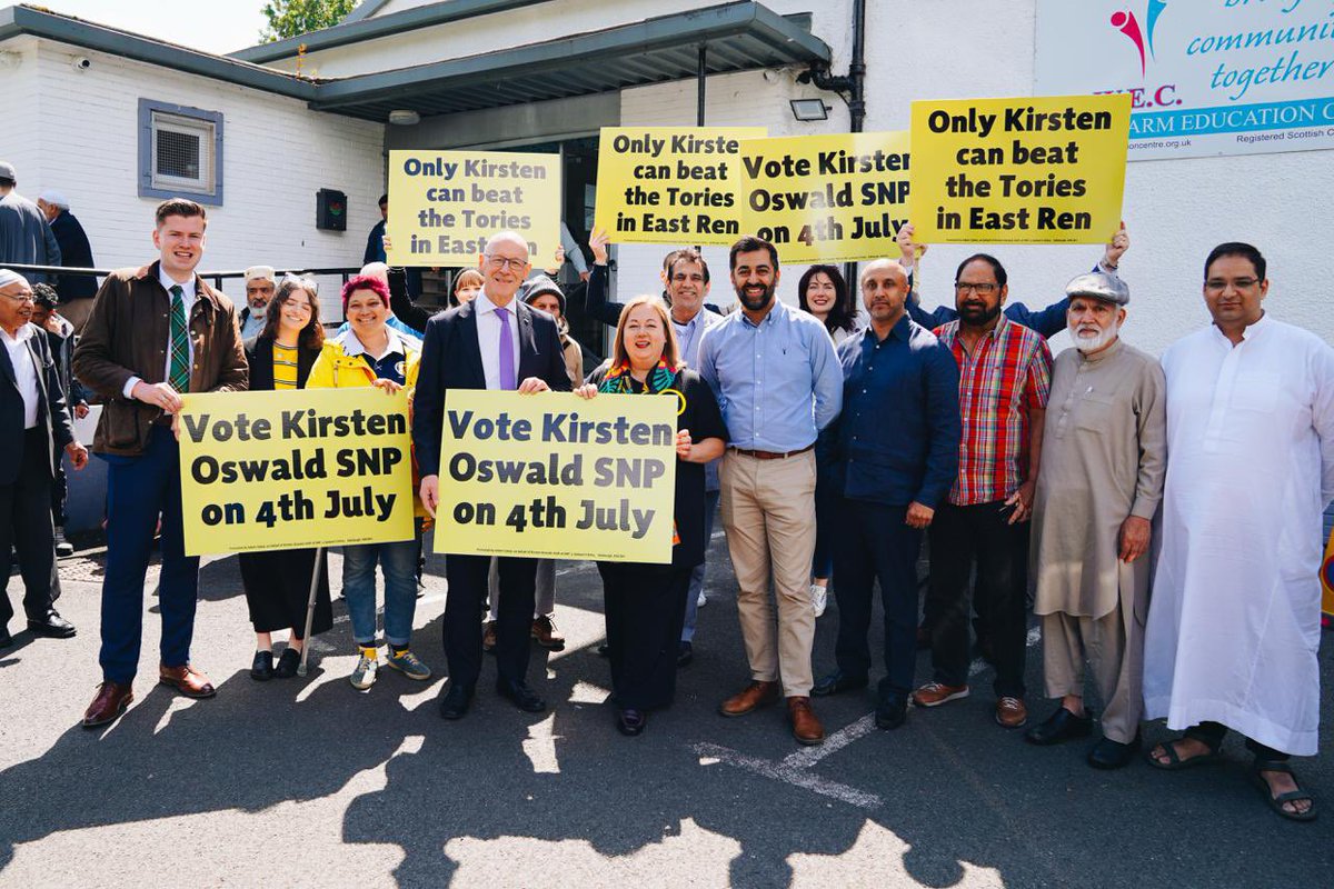 theSNP's tweet photo. 📸 @JohnSwinney and East Renfrewshire candidate @kirstenoswald were joined by @HumzaYousaf today in Thornliebank to visit Woodfarm Education Centre.

🗳️ Every SNP MP elected will stand against Westminster cuts, and stand up for public services like our NHS. Vote SNP on July 4. https://t.co/OExt9nJOkI