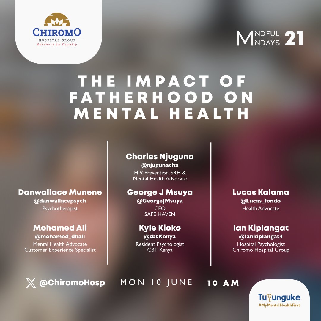Chiromo Hospital Group (@chiromohospgrp) on Twitter photo Just 2 Days to the conversation! Hope you are ready!
Join us and our panelists @njugunacharlse, @Lucas_fondo, <a href="/GeorgeJMsuya/">Dr. Bigfish</a>, <a href="/danwallacepsych/">DanwallacePsych</a>, @mohamed_dhali, @cbtKenya and <a href="/iankiplangat4/">ian kiplangat</a> on Monday 10th June, 2024 from 10AM EAT on X as we discuss the impact
#Tufunguke Just 2 Days to the conversation! Hope you are ready!
Join us and our panelists @njugunacharlse, @Lucas_fondo, <a href="/GeorgeJMsuya/">Dr. Bigfish</a>, <a href="/danwallacepsych/">DanwallacePsych</a>, @mohamed_dhali, @cbtKenya and <a href="/iankiplangat4/">ian kiplangat</a> on Monday 10th June, 2024 from 10AM EAT on X as we discuss the impact
#Tufunguke