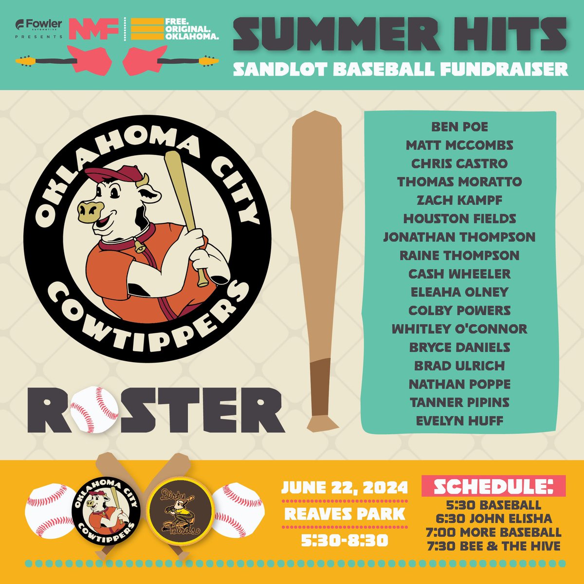 Norman Music Festival (@normanmusicfest) on Twitter photo Just 2 weeks away! βΎοΈπΈπ€π€
Here are the rosters for the Dirtybirds & Cowtippers! See anyone you recognize & want to come support while helping keep NMF FREE? π Sponsorships are still available! Shoot an email over to info@normanmusicfestival.com for more information! #NMF4EVER Just 2 weeks away! βΎοΈπΈπ€π€
Here are the rosters for the Dirtybirds & Cowtippers! See anyone you recognize & want to come support while helping keep NMF FREE? π Sponsorships are still available! Shoot an email over to info@normanmusicfestival.com for more information! #NMF4EVER