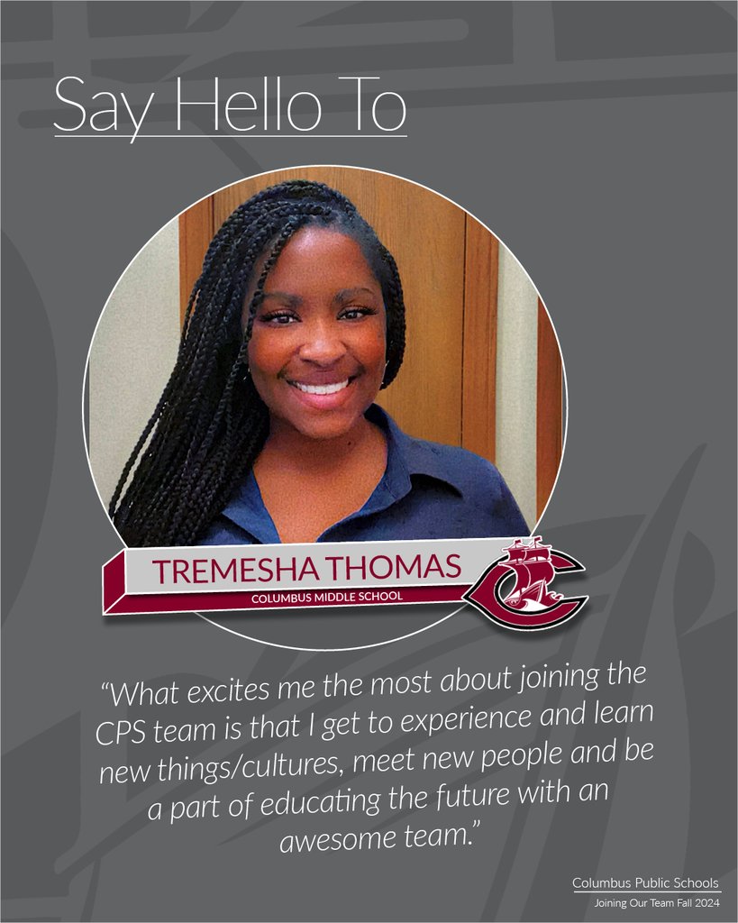 DiscovererPride's tweet image. Please give a warm welcome to Ms. Tremesha Thomas.  Ms. Thomas will be joining the staff at Columbus Middle School in the fall.

#godiscoverers #proudtobeCPS #proudtobeCMS