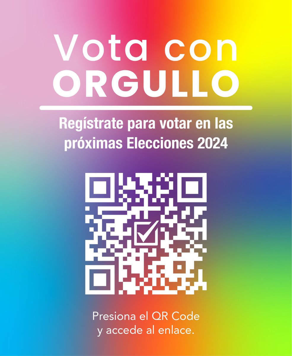 ¡Tu voto es tu poder! 💪✨ Únete a la comunidad y asegúrate de estar registrade para votar. Participa en las Elecciones 2024 y construyamos juntos un futuro mejor. Vota por quienes que apoyen nuestros derechos y rechaza a los enemigos de la equidad. #VotaConOrgullo