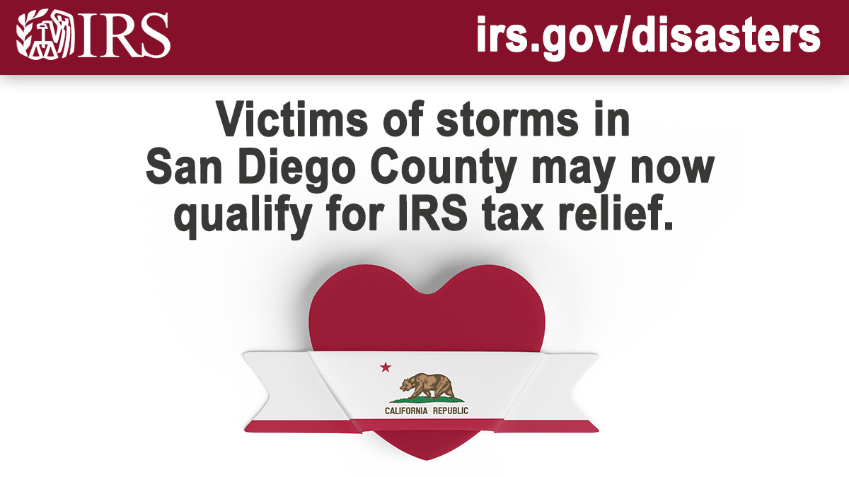 IRSnews's tweet image. Storm victims in #SanDiegoCounty have until June 17 to file various #IRS individual and business tax returns and make tax payments. Learn more: ow.ly/GK1o50QIq0e