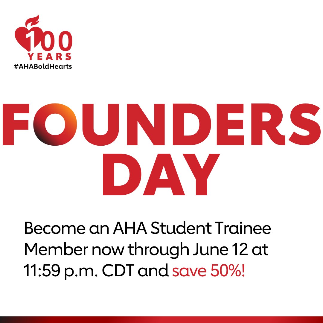 As part of the American Heart Association’s 100th year celebration, Student Trainees have the opportunity to purchase an AHA Professional Membership at the Student Trainee tier for 50% off the normal annual fee - only $54.50!
professional.heart.org/en/professiona…