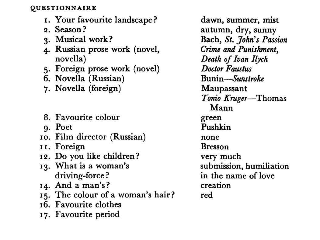 Andrei Tarkovsky's answer to a Questionnaire, 1974.