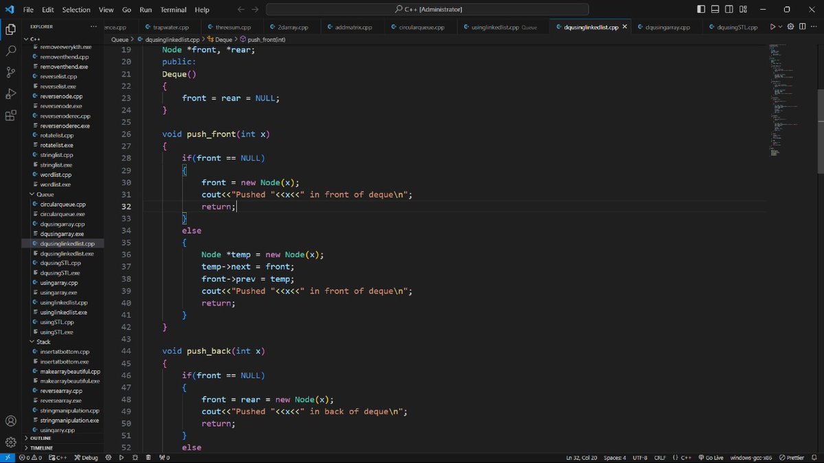 SiddharthKM4305's tweet photo. It's 7 June, 2024
Today, I learnt about Deque and it's implementation using arrays, linked-lists and STL and it's various operations. 

#gfg #leetcode #dsa #LearningJourney #learncomputer #learnInPublic #techblog #TechSolutions #web3AI #learningAI #web3‌‌ https://t.co/L9V4G26rzp