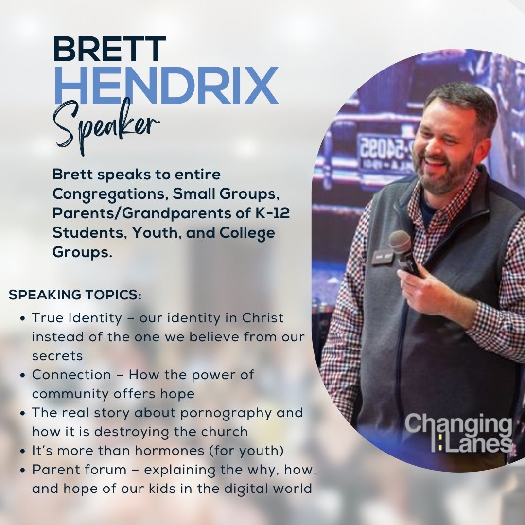 ChangingLanesOK's tweet photo. Founder, Brett Hendrix speaks to entire Congregations, Small Groups, Parents/Grandparents of K-12 Students, and College Groups.

He shares about topics on 
• True Identity
• Connection
• Parent Forum

Reach out to have Brett come share with your group: brett@changinglanes.org https://t.co/fpkL7xSJTG