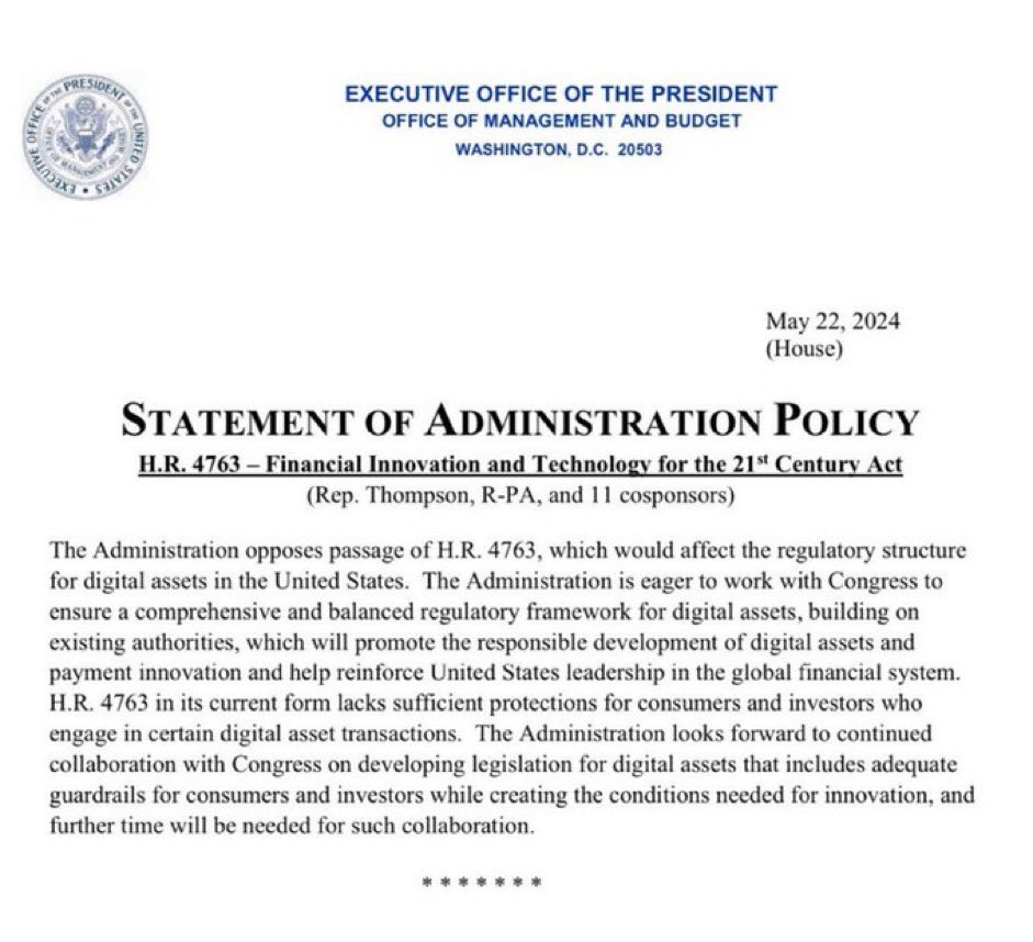 DefendDaerk's tweet photo. The White House recently released a statement that, despite expectations, it will not veto the House's crypto market structure bill. This announcement, while showing the administration's willingness to collaborate with Congress, underscores a critical concern https://t.co/LYti1hV6Qm