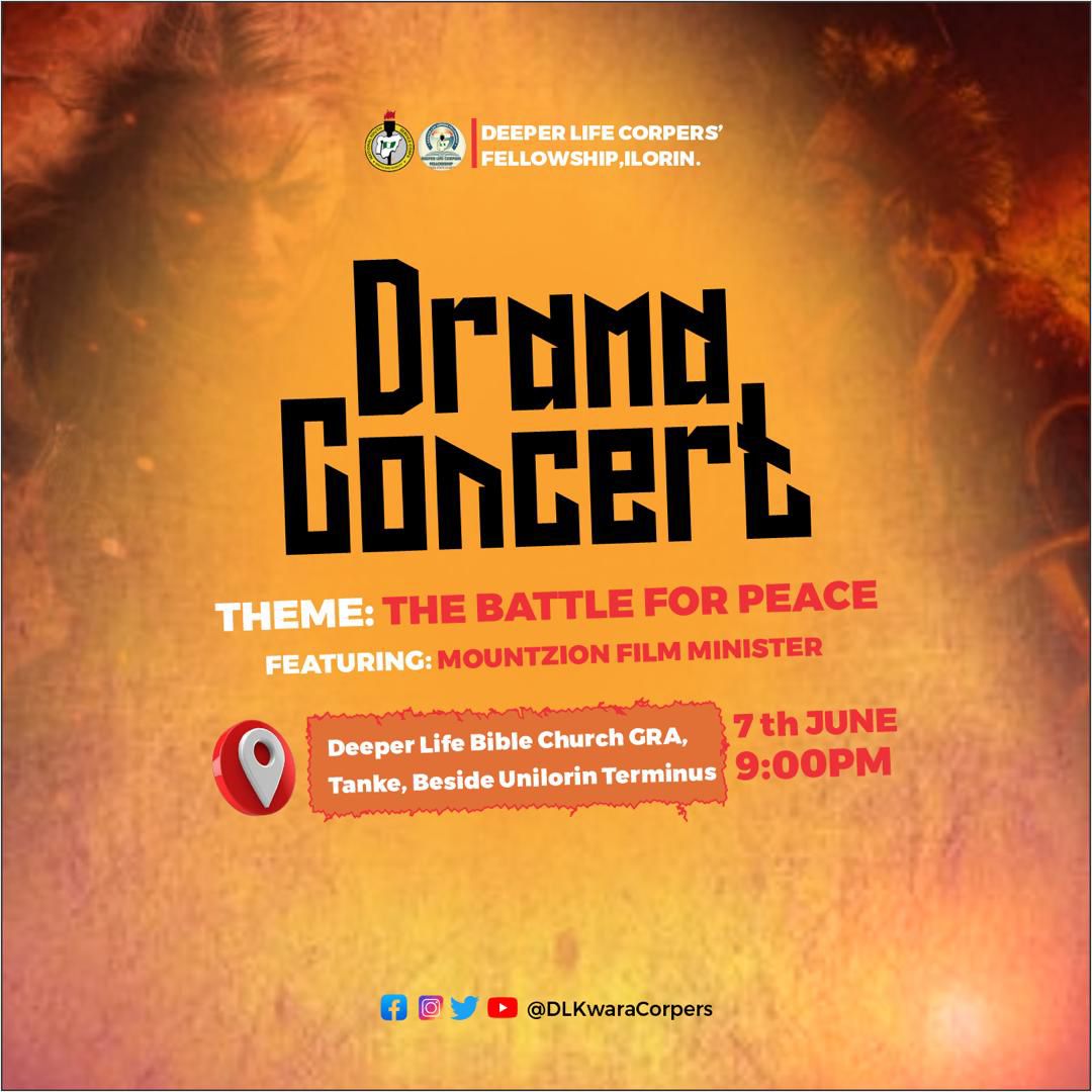 DLKwaraCorpers's tweet photo. THE BATTLE FOR PEACE!!!!🔥🔥🔥
It's our Drama Concert Night!!!
Time is Now!!
We're at Deeper Life Bible Church, Zion District, Tipper Garage, Ilorin, Kwara State
🚀
#Battleforpeace https://t.co/QAU1ksrTJU