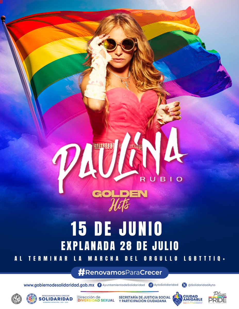 Este 15 de junio tendremos la presentación de Paulina Rubio, cerrando la marcha del Orgullo LGBTTTIQ+ en la plaza 28 de Julio . ¡La entrada es libre para todas, todos y todes, no se lo pueden perder! #RenovamosParaCrecer