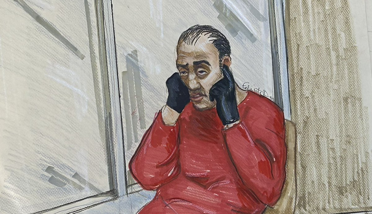 BenNesbitTV's tweet photo. Ibrahim Ali, who was convicted of the first-degree murder of a 13 year-old girl in Burnaby has been handed a life sentence. He covered his ears, refusing to listen to the girl’s father’s victim impact statement Friday. Sketch by Felicity Don. https://t.co/RhJe7u4R3Y