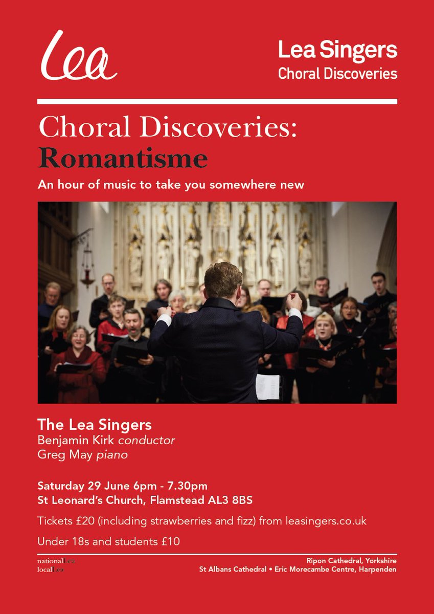 Just three weeks to go until our next concert - Choral Discoveries: Romantisme - an hour of French and German Romantic music. Joining us in St. Leonard's Church Flamstead (after strawberries and fizz🥂) is talented young pianist Greg May. Tickets leasingers.co.uk/concerts-event…