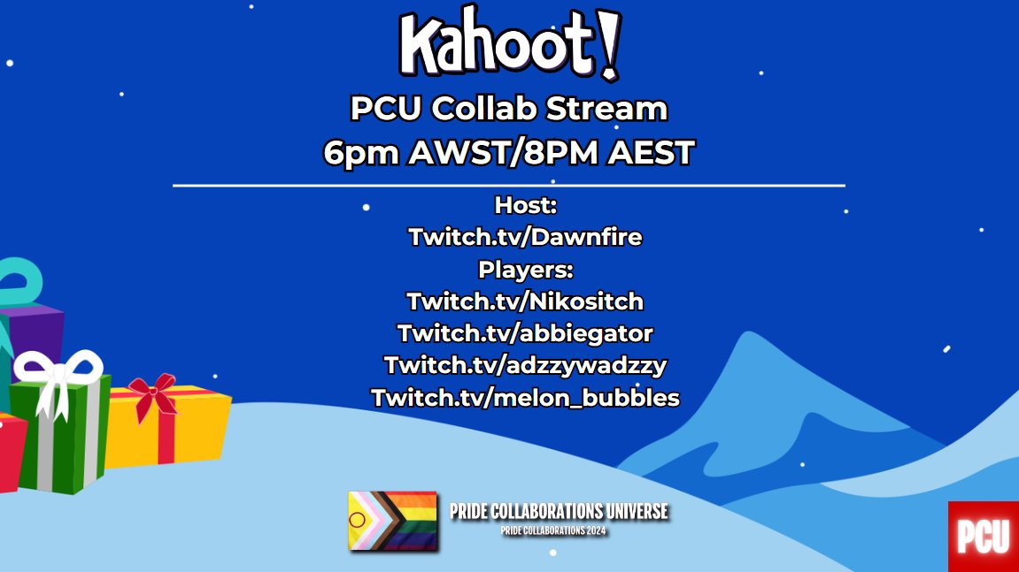 โจ Dawn Rose โจ๐ฆ๐บ๐ณ๏ธโโง๏ธ | Neko Witch~ (@dfretro) on Twitter photo In just 6 hours, I'll be hosting and participating in a Grand Kahoot Challenge as apart of #PCU!
We've also got some amazing contestants to see who is the quiz master of this Pride Collaborations Universe~
Players;
<a href="/SitchNicko/">NickoSitch</a>
<a href="/AbbieGatorTTV/">AbbieGator ๐ณ๏ธโโง๏ธ Trans.au</a>
<a href="/AdzzyWadzzyGG/">AdzzyWadzzy</a>
<a href="/MelonBubblesTTV/">โ ๐ง ๐ ๐ฎ๐๐๐พ ๐ ๐ง โ ๐</a> In just 6 hours, I'll be hosting and participating in a Grand Kahoot Challenge as apart of #PCU!
We've also got some amazing contestants to see who is the quiz master of this Pride Collaborations Universe~
Players;
<a href="/SitchNicko/">NickoSitch</a>
<a href="/AbbieGatorTTV/">AbbieGator ๐ณ๏ธโโง๏ธ Trans.au</a>
<a href="/AdzzyWadzzyGG/">AdzzyWadzzy</a>
<a href="/MelonBubblesTTV/">โ ๐ง ๐ ๐ฎ๐๐๐พ ๐ ๐ง โ ๐</a>